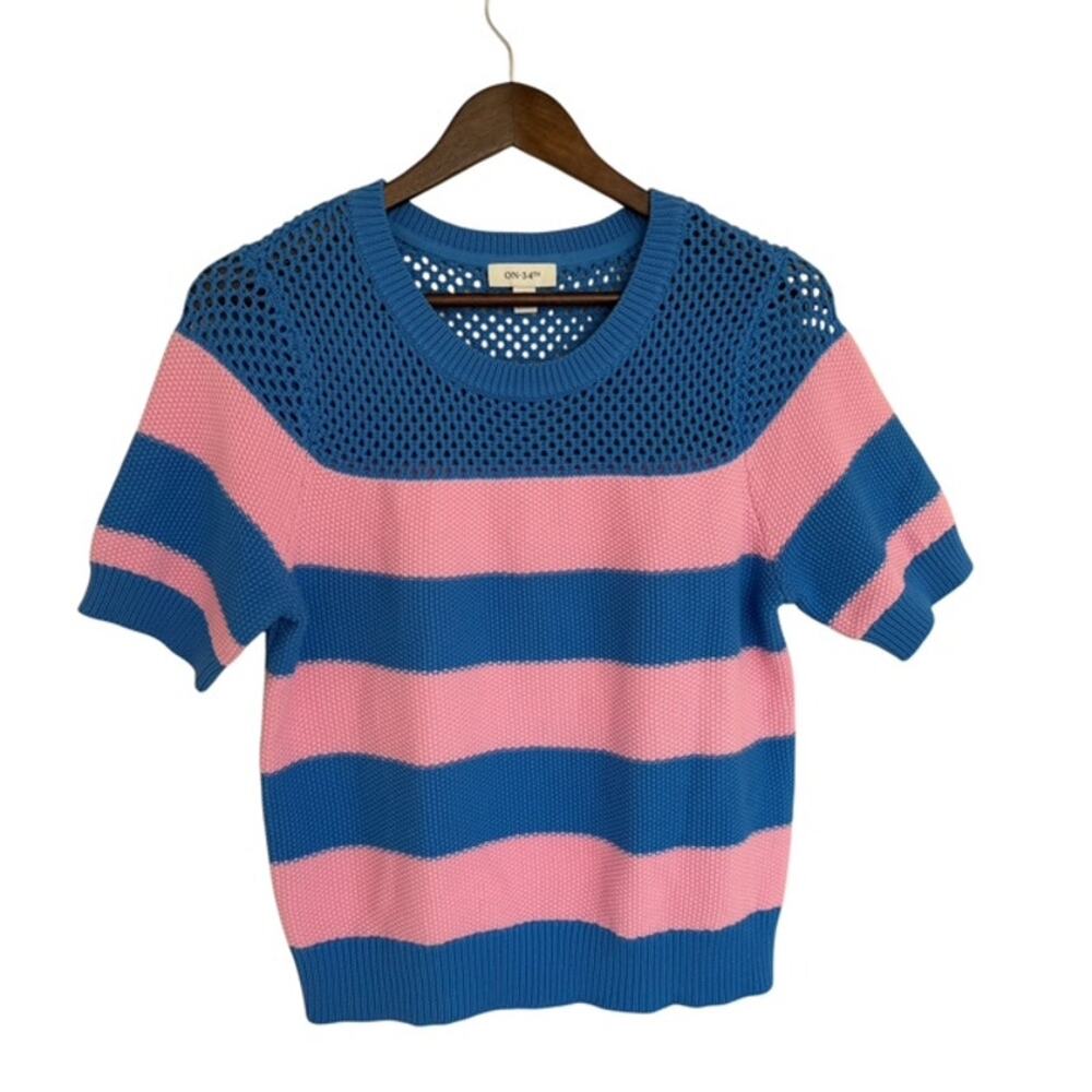 On 34th Pink and Royal Blue Striped Short Sleeve Sweater - Medium